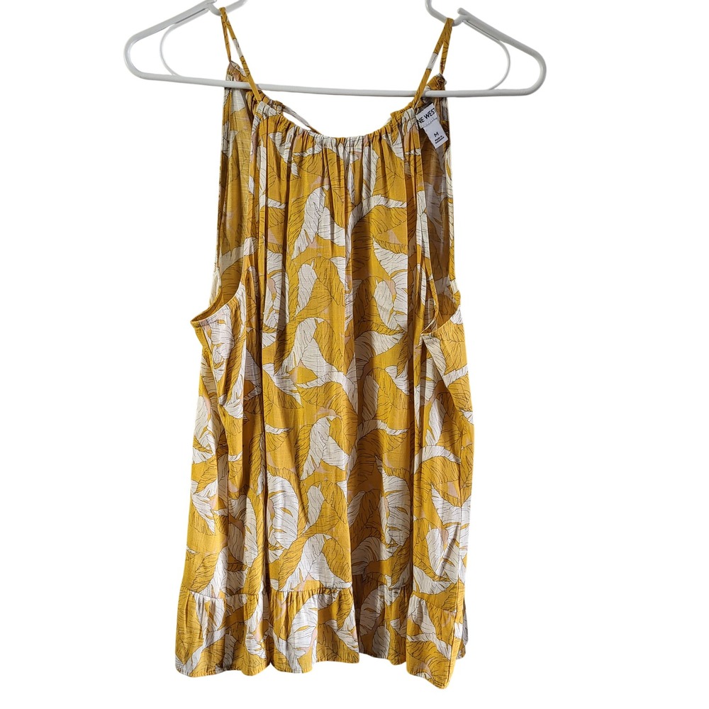 Nine West Yellow Tropical Leaf Print Tank M‎ Ruffle Hem Spaghetti Straps Resort